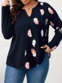 Plus Feather Print Notched Neck Tee