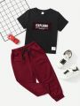 SHEIN Kids EVRYDAY Young Boy Slogan Print Short Sleeve T-Shirt And Shorts, Casual And Comfortable 2pcs/Set