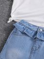 SHEIN Young Girls' High Waist Elastic Waistband Ruffle Decor Comfortable Soft Casual Stylish Denim Skirt