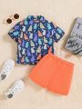 SHEIN Baby Boys' Easter Bunny Printed Short Sleeve Shirt And Solid Color Casual Shorts Set