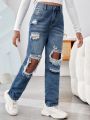 SHEIN Tween Girls' Distressed & Washed Casual Jeans