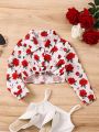 SHEIN Kids Academe Little Girls' Rose Floral Printed Long Sleeve Shirt