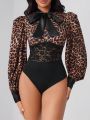 ChaKiva Latrell Luxe Collection Leopard Print Tie Neck Contrast Lace Bodysuit