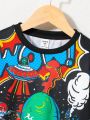 SHEIN Boys' Fun And Cute Comfortable Crewneck Sweatshirt, Alien & Ufo Print All-Over