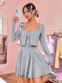 SHEIN Qutie Solid Color Long Sleeve T-shirt And Dress Set