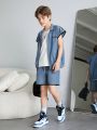 SHEIN Kids EVRYDAY Tween Boys' Loose Fit Casual Vest, Shorts, And Weaved Tape Colorblocked Tank Top 3pcs Set