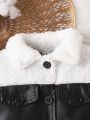 Baby Boys' Stylish, Warm Faux Leather Splicing Long Sleeves Coat, With Pockets And Wide-Fitting Design, Fall And Winter