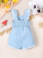 Baby Girls' Lace Decorated Denim Romper With Ruffle Hem