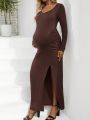 SHEIN Pregnant Women's Solid Color Pleated Split Maxi Dress