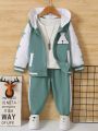 Young Boy Letter Embroidery & Patchwork Contrast Color Hooded Jacket And Long Pants 2pcs/Set