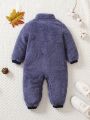 Baby Boy Zip Up Pocket Patched Teddy Jumpsuit