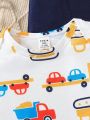 Baby Boy 3pcs/Set Cute Excavator & Transportation Pattern Printed Short Sleeve Romper For Spring/Summer, Fun & Casual