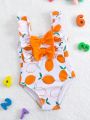 Baby Girls' Fruit Printed One-Piece Swimsuit With Bow Decor
