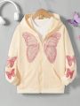 Girls' Casual Butterfly Pattern Hoodie With Kangaroo Pocket And Zipper, Autumn