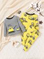 SHEIN Baby Boy 2pcs Excavator Print Contrast Binding Tee & 1pc Pants PJ Set