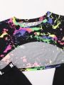 SHEIN 3pcs/Set Teen Girls' Colorful Inkjet Cropped T-Shirt, Letter Strap Tank Top, Pants