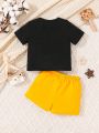 SHEIN Baby Boys' Cartoon Pattern Round Neck Short Sleeve Top And Solid Color Shorts Set