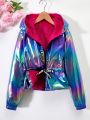 SHEIN Kids SPRTY Tween Girl Holographic Teddy Lined Zip Up Hooded Jacket