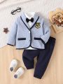 Baby Boys' College-style Simple, Cute And Fashionable Shawl Collar Color-block Suit Jacket And Pants Set