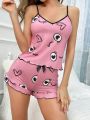 Heart Print Ruffle Trim Cami Top And Shorts Pajama Set
