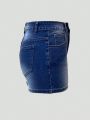 Women'S Denim Short Skirt With Slanted Pockets