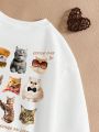 Little Girls' Casual Cat Cartoon Pattern Long Sleeve Top, Suitable For Autumn And Winter