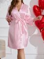 Plus Size Women's Casual Pink And White Striped Printed Belted Nightgown