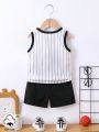 SHEIN Baby Boy 2pcs/Set Casual Sporty Baseball Printed Sleeveless Top And Shorts Outfits, Suitable For Spring And Summer Outings