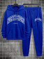 Extended Sizes Men's Letter Printed Hoodie And Sweatpants Two Piece Set With Drawstring