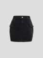 SHEIN Teen Girls' Flip Pocket Side Stripe Denim Skirt