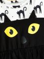 Girls cute little black cat print pattern owl ballet mesh dress girl gift spring and autumn