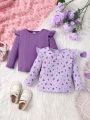 Baby Girl Ruffle Floral Solid Color Long-Sleeved T-Shirt Two-Piece Set
