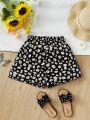 SHEIN Kids CHARMNG Teen Girls' Fashionable A-Line Shorts With Flower Pattern