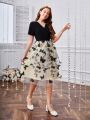 SHEIN Teenage Girls' Knitted Butterfly Embroidery Mesh Splice V-neck Dress