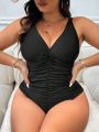 SHEIN Swim Basics Plus Size Solid Color V-Neck Tie-Up Ruched One Piece Swimsuit