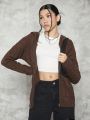 1pc Teen Girl Cable Knit Drop Shoulder Hooded Cardigan