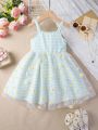 SHEIN Kids CHARMNG Young Girl's Gingham Print Daisy & Mesh Patchwork Spaghetti Strap Princess Dress For Performances, Weddings, Evening Parties & Birthdays