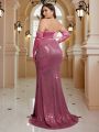 SHEIN Belle Plus Size Bust Gathered Satin Patchwork Sequin Strapless Fishtail Evening Dress With Skirt And Gloves