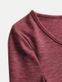 SHEIN Teenage Girls' Solid Color U-Neck Pleated Long Sleeve T-Shirt