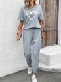 Heart Print Drop Sleeve T-Shirt And Trousers Two-Piece Set