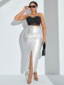 SHEIN SXY Plus Size Denim Skirt With Split Hem And Gloss Coating