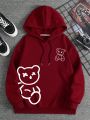 Men's Fleece Lined Hoodie With Bear Print And Drawstring