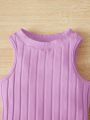 SHEIN 2pcs Baby Girl Casual Solid Striped Backless Jumpsuits Set
