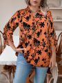 SHEIN Essnce Plus Floral Print Roll Tab Sleeve Notched Neck Blouse