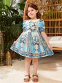 SHEIN Kids SUNSHNE Little Girls' Baroque Printed Puff Sleeve Dress