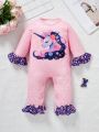 Baby Girls' Unicorn & Flower Printed Ruffle Trim Jumpsuit With Footed Pants