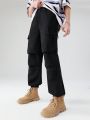 Street Cool Balloon Cargo Jeans For Teen Boys, With Wrinkled Details, Waist & Cuff Drawstrings