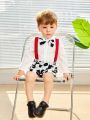 SHEIN 2pcs Baby Boys' Casual Cute Cow Pattern Printed Suspender Pants Set, Includes Bowtie, Suitable For Parties And Outings