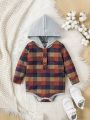 Baby Boys' Fun Plaid Patchwork Grey Hooded Bodysuit For Daily & Casual Wear, Autumn/Winter