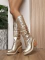 Women's Platform Chunky Heel Long Boots With Metallic Shiny Finish